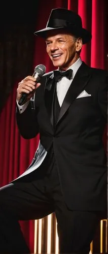 Fedora hat, Frank Sinatra, mature man, 50yo, charming smile, bright brown eyes, slicked back hair, formal black tuxedo, white shirt, black bow tie, holding a microphone, standing, luxurious stage, red