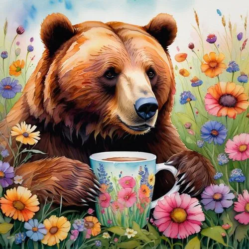 coffee tea illustration,brown bear,ivan-tea,bear kamchatka,cute bear,bear,drinking coffee,great bear,tea drinking,nordic bear,scandia bear,bears,woman drinking coffee,flower painting,tea time,a cup of coffee,brown bears,cup of coffee,a cup of tea,coffee break,Conceptual Art,Fantasy,Fantasy 12