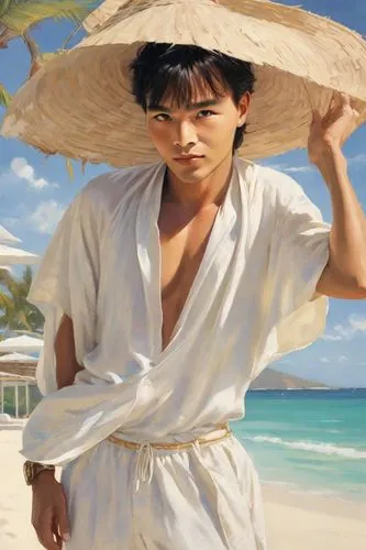 asian conical hat,beach background,oriental painting,straw hat,umbrella beach,man at the sea,japanese art,taichi,beach umbrella,jin deui,tan chen chen,asian umbrella,oil painting,white sand,karate kid,japanese background,beach scenery,japanese martial arts,choi kwang-do,world digital painting,Digital Art,Impressionism