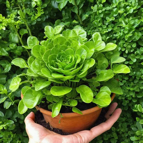 Write a heartwarming story about a lonely salad plant finding love and friendship in a bustling garden.,aeonium tabuliforme,succulent in dark red pot,crested,androsace rattling pot,lamb's lettuce,gard