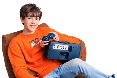 Shota boy, wearing a bright orange jumper with a loud cartoon character printed on it, messy brown hair, big expressive eyes, smiling face, holding a gaming controller, sitting on a bean bag chair, mo