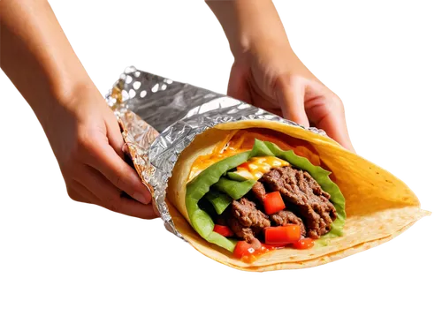 Mexican food, burrito, solo, wrapped in foil, beef and vegetables inside, crispy tortilla, melted cheese, salsa dripping, hands holding, close-up, shallow depth of field, warm lighting, appetizing com