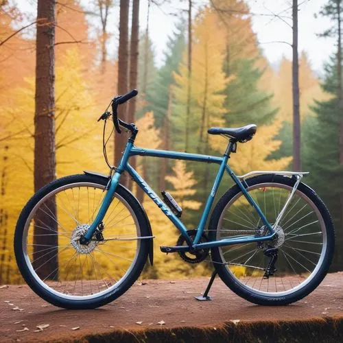 blue trek bike resting on ledge near colorful trees,bicycle,bici,celebici,bike colors,mtb,e bike