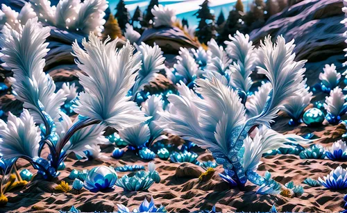 mandelbulb,desert coral,flowerful desert,desert flower,desert plant,desert plants,ice planet,ice flowers,alien world,coral reef,moonlight cactus,sea anemones,feather coral,desert planet,antarctic flora,fractal environment,alien planet,blue-winged wasteland insect,coral guardian,blue anemones