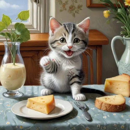 tea party cat,gourmand,cat drinking tea,fromage,catroux,cute cat,Illustration,Realistic Fantasy,Realistic Fantasy 11