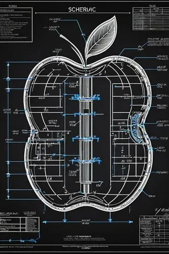 Pressed apple schematic with dimensions and call outs, black background,apple design,apple logo,apple pattern,blueprint,core the apple,technical drawing,blueprints,apple pi,architect plan,school desig