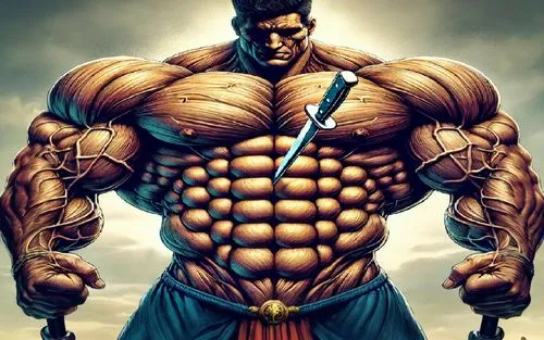 A large man with muscular arms and a sword but he is unharmed and invincible!,kenshiro,namor,baki,liefeld,raoh,body building