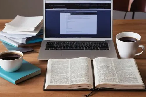 Modern digital design book, open on wooden desk, computer architecture textbook, first edition, worn cover, highlighted notes, scattered papers, coffee cup, nearby laptop, wires tangled, ergonomic cha