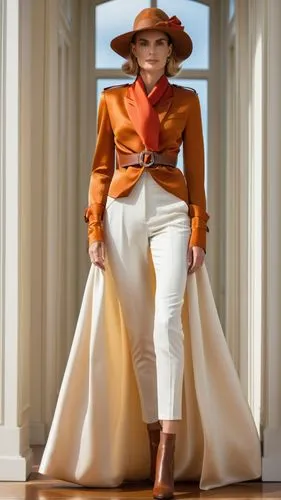 Fashion show ,the fashion show shows the same color of pants as the dress, and the top layer is,melania,orange,schiaparelli,woman in menswear,galliano,vogue,Photography,General,Realistic