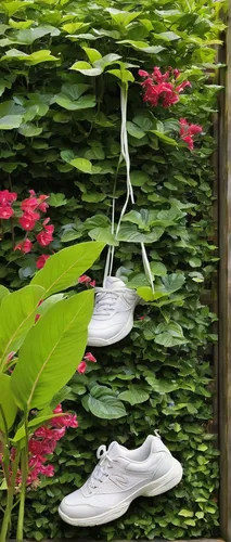 Compose a poem about the comfort and durability of a tennis shoe in a peaceful garden.,garden shoe,hanging plants,hanging plant,outdoor shoe,climbing garden,wisteria shelf,thai garland,linen shoes,clo