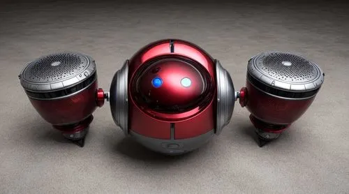 A spherical robot, smooth red metal, two huge speakers either side, floating,droid,minibot,radio-controlled toy,beautiful speaker,bb8-droid,bass speaker,3d model,robot eye,audio speakers,industrial ro