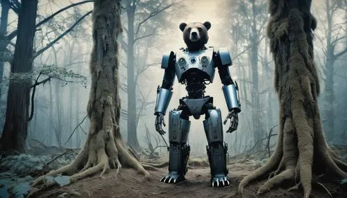 Cyborg bear, mechanical limbs, glowing blue eyes, metallic fur, robotic chest plate, advanced sensors, enhanced strength, standing, forest, misty atmosphere, ancient trees, roots, vines, mysterious am