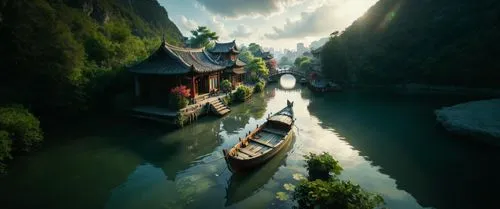 fantasy picture,3d fantasy,boat landscape,canals,ourthe,world digital painting,houseboats,butka,floating on the river,rivendell,houseboat,fantasy landscape,tilt shift,escher village,nargothrond,reine,photo manipulation,popeye village,floating huts,canal