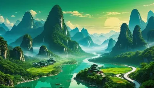 fantasy landscape,landscape background,green landscape,mountainous landscape,futuristic landscape,river landscape,mountain landscape,green valley,cartoon video game background,nature landscape,green forest,world digital painting,beautiful landscape,green wallpaper,karst landscape,mountain scene,mountainous landforms,an island far away landscape,high landscape,fantasy picture,Photography,General,Realistic