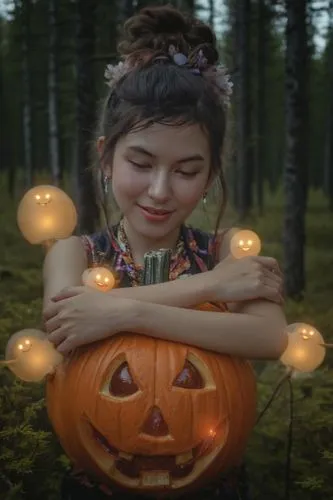 tundra forest background,a woman poses with her head held up over a pumpkin,kirdyapkin,pumpkin autumn,halloween background,pumpsie,halloween scene