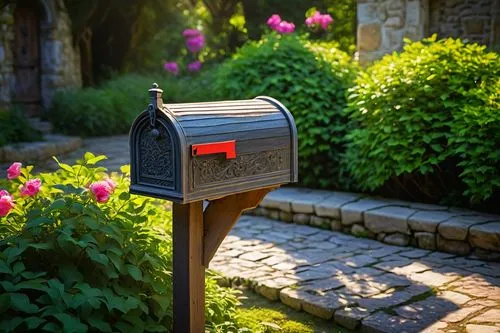 Rustic wooden mailbox, traditional European-style, ornate carvings, distressed finish, situated at the entrance of a grand villa, surrounded by lush greenery, overgrown bushes, vibrant blooming flower