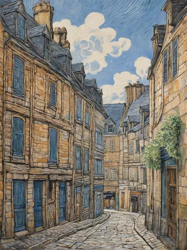 ???? - Alfred Montague - An old street Caen Normandy,braque saint-germain,watercolor paris,the cobbled streets,watercolor paris shops,aix-en-provence,watercolor paris balcony,narrow street,braque du b