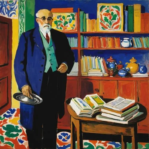 Man in traditional attire standing beside a shelf with scrolls, books, and a metal bowl in an indoor setting.,a man in suit standing by a bookshelf holding a tray,matisse,fauvist,fauvism,pechstein,una