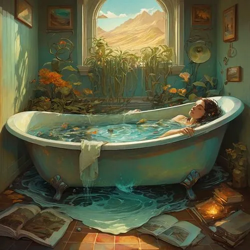 the girl in the bathtub,bathtub,greywater,heatherley,mikvah,submersion,submerged,bath,fantasy picture,submerging,underwater landscape,baths,bathtubs,submersed,bath room,underwater background,bathing,tub,bathwater,bird in bath,Conceptual Art,Fantasy,Fantasy 18