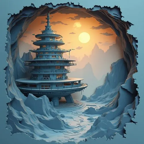 Mistyc alien planet with futurisrtic building. Fog, cold atmosphere, visible moons,a cut out of paper that includes a tall building,yamatai,imagawa,asian architecture,wudang,stone pagoda,floating isla