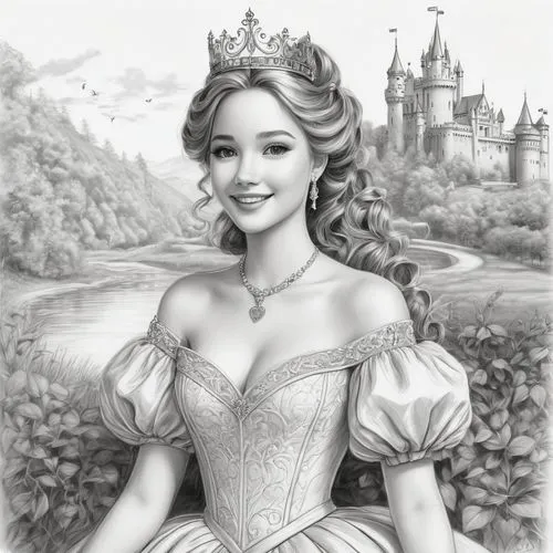 princess sofia,prinses,princess anna,fairy tale character,prinzessin,princesse,Illustration,Black and White,Black and White 30