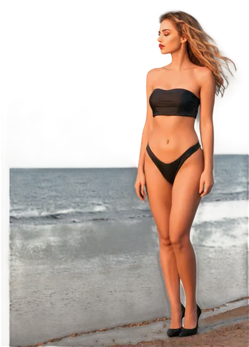 Nighttime, beach, photoshoot, woman, 25yo, sexy, mature lady, golden hour, sunset glow, wavy hair, bold eyeliner, shiny lip gloss, strapless black bikini, high heels, elegant pose, standing, side prof