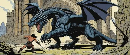 Conan o barbaro lutando com dragão em castelo abandonado,a dragon with big wings attacking a man on a rocky cliff,dragonlance,gargoyles,dragonlord,dragon of earth,black dragon,cerebus,Illustration,Bla