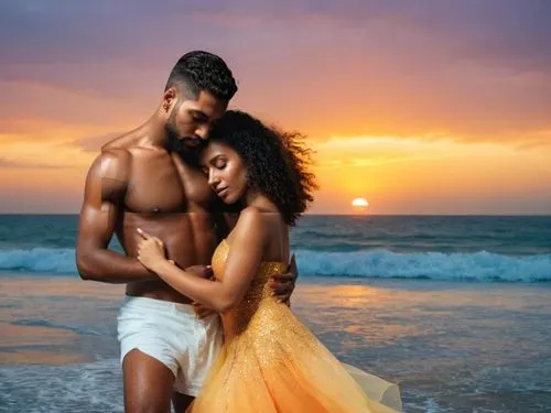 black couple,loving couple sunrise,romantic scene,beach background,orishas,dulhania