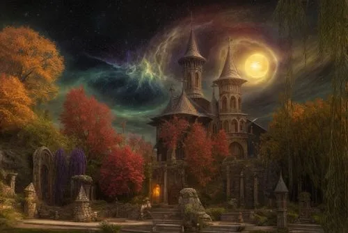 fantasy picture,fantasy landscape,witch's house,halloween background,arcanum,fantasy art,castle of the corvin,haunted cathedral,druid grove,witch house,devilwood,the mystical path,hall of the fallen,f