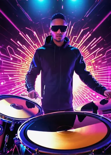 Improvise a catchy drum beat for a vibrant dance track.,remo ux drum head,dj,tom-tom drum,electronic drum,drumming,ride cymbal,drummer,drum brighter,snare,hand drums,cyber glasses,surdo,music backgrou