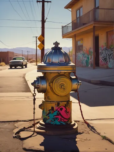 Picture a lonely street hydrant covered in graffiti in a deserted town.,hydrant,fire hydrant,fire hydrants,water hydrant,above-ground hydrant,under ground hydrant,gas cylinder,parking meter,post box,d