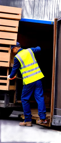 Large truck, offloading goods, male worker, yellow vest, gloves, rugged boots, cargo hold, metal ramp, wooden crates, ropes, pulleys, daytime, natural lighting, shallow depth of field, 3/4 composition