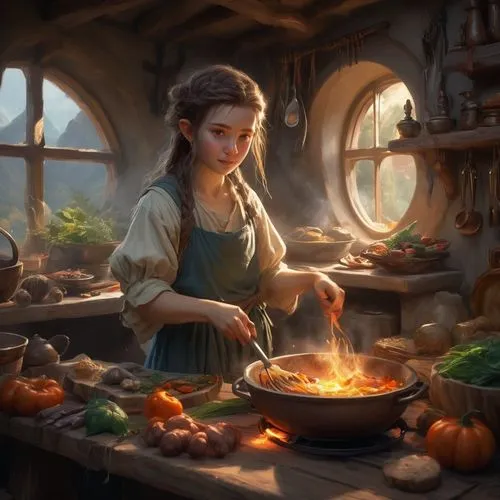 dwarf cookin,girl in the kitchen,innkeeper,cookery,margaery,girl with bread-and-butter,belle,nissa,food and cooking,candlemaker,autumn taste,cooking vegetables,hobbiton,autumn theme,pumpkin autumn,autumn chores,foodmaker,gretel,toil,hobbit,Conceptual Art,Fantasy,Fantasy 01