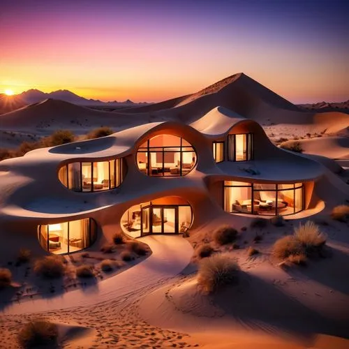 Imagine a luxury retreat nestled in a desert, featuring flowing, organic shapes that mimic the surrounding dunes. Use materials that blend into the landscape, with expansive windows providing panorami