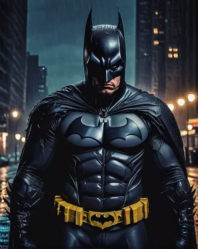 Dark Knight Batman, intense facial expression, muscular physique, black cape with torn edges, detailed Bat emblem, worn-out gloves, dark eye makeup, gritty urban background, Gotham City skyscrapers, m