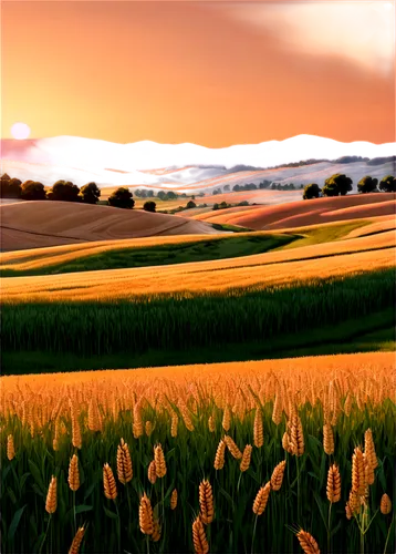 Rural landscape, wheat field, sunset, golden light, rolling hills, few trees, wildflowers, gentle breeze, warm color tone, soft focus, panoramic view, cinematic composition, shallow depth of field.,a 