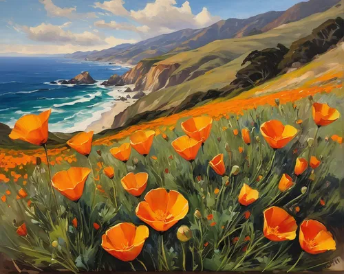 field of poppies,corn poppies,poppy field,poppies,poppy fields,orange tulips,red poppies,wild tulips,wildflowers,poppy flowers,opium poppies,sea beach-marigold,sea of flowers,tulips field,orange flowers,flower painting,california,coastal landscape,tommie crocus,iceland poppy,Art,Classical Oil Painting,Classical Oil Painting 08