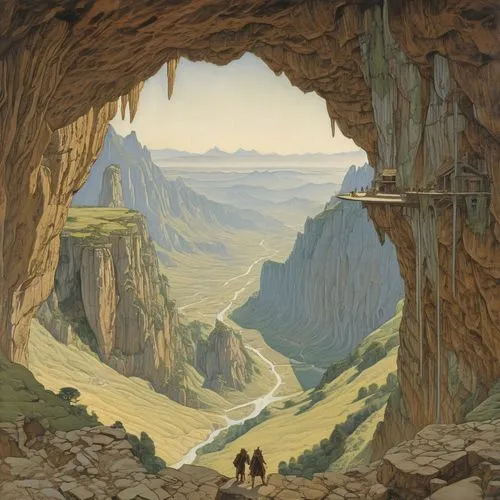 rivendell,schuiten,erebor,guards of the canyon,schuitema,gondolin,nargothrond,karst landscape,hesychasm,canyon,thingol,messner,sedensky,the valley of the,cavernosum,ithilien,beleriand,yellow mountains,speleologists,simberg,Illustration,Retro,Retro 01