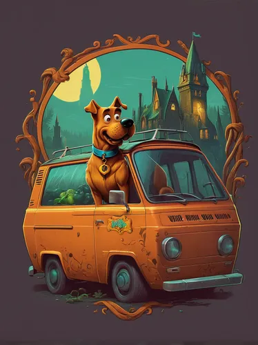 Produce a nostalgic Scooby Doo logo,dog illustration,smaland hound,vwbus,vw van,vanagon,rover streetwise,vw camper,campervan,whimsical animals,vw bus,bloodhound,vector illustration,anthropomorphized a