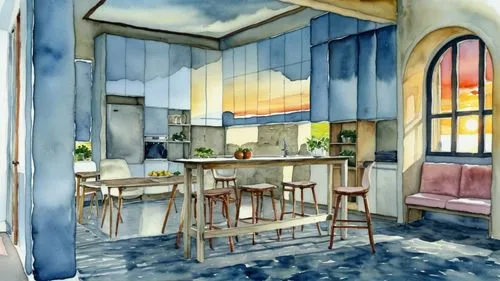 watercolor cafe,watercolor tea shop,an apartment,sky apartment,watercolor background,kitchen interior,watercolor paris balcony,apartment,kitchen design,sunroom,breakfast room,house painting,dining room,kitchen,the kitchen,tile kitchen,home interior,shared apartment,kitchen-living room,sketchup,Photography,General,Realistic