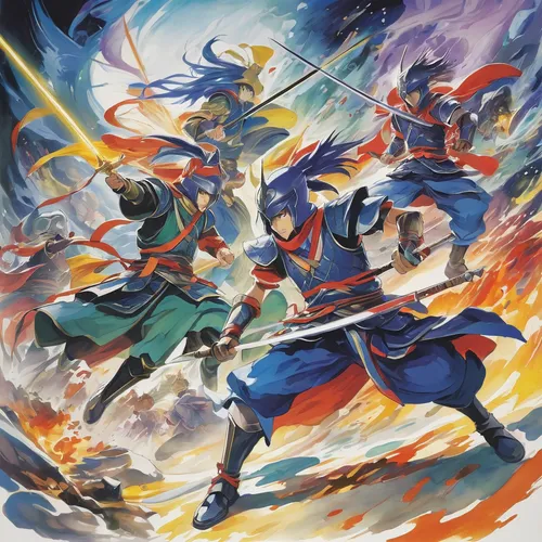 dragon slayers,swordsmen,lancers,the three magi,6-cyl in series,4-cyl in series,knights,battle,knight festival,playmat,game illustration,dancing flames,fighters,fighting poses,duel,cg artwork,swords,magi,king sword,fighter destruction,Art,Artistic Painting,Artistic Painting 41