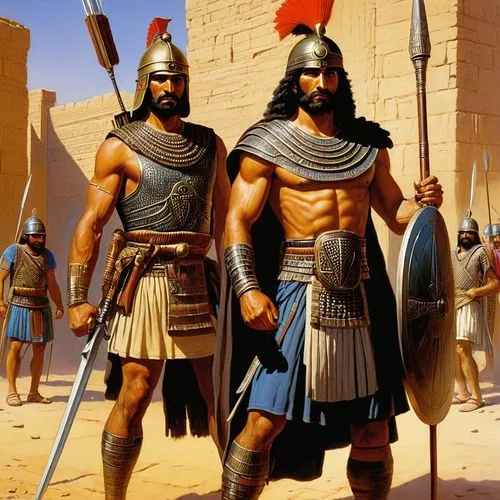 Assyrian soldier and an Babylonian warrior in the Babylon City (609 BCE),hoplites,hoplite,sassanians,sasanians,spearmen,nephites,phoenicians,myrmidons,dacians,thracians,canaanites,hittites,pythagorean