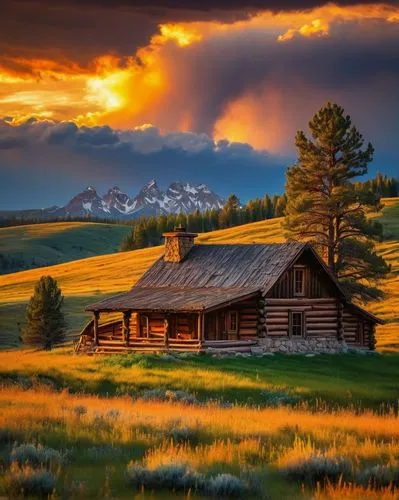 Rustic Wyoming ranch house, wooden exterior, stone foundation, sloping roof, chimney puffing smoke, surrounded by vast open plains, rolling hills, scattered pine trees, wildflowers blooming in vibrant