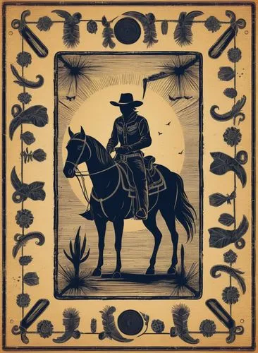 西部乡村牛仔复古元素矢量图,a drawing of an cowboy on a horse,vaqueros,vaquero,ranchera,rodeo,pardner,corridos,Illustration,Abstract Fantasy,Abstract Fantasy 16