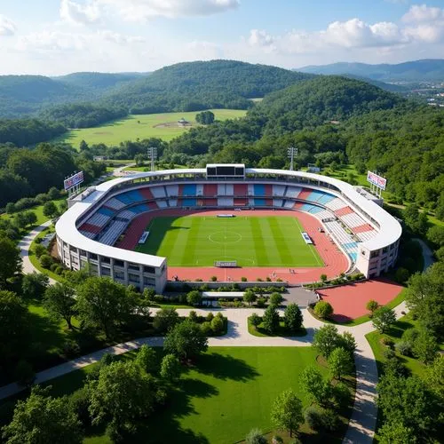 Natural grasslands, rolling hills, verdant trees, meandering pathways, football stadium architecture, curved grandstands, vibrant team colors, floodlights, scoreboards, goalposts, lush green pitches, 