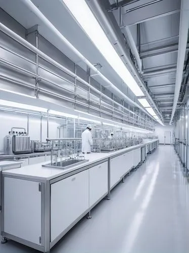 Modern biomanufacturing facility, futuristic process architecture, sleek steel beams, large glass windows, sterile white walls, rows of stainless steel fermentation tanks, complex network of pipes and