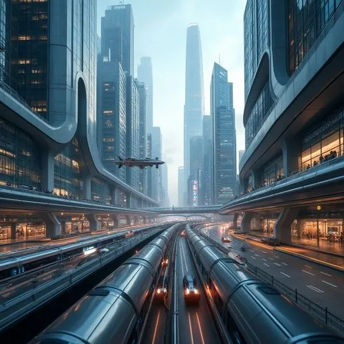 superhighways,futuristic landscape,futuristic architecture,skyways,sci fiction illustration,coruscant,maglev,cybercity,megacorporations,skyrail,arcology,urbanized,oscorp,futurists,transport and traffic,infrastructures,cybertown,megaprojects,city scape,futuristic,Photography,General,Realistic