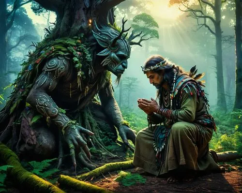 shamans,fantasy picture,warrior and orc,shamanism,radagast,elders,druidism,druidic,shamanic,warcraft,fantasy art,druid,druids,mentor,archdruid,shaman,herbalists,consultation,conversation,encounter,Conceptual Art,Fantasy,Fantasy 18