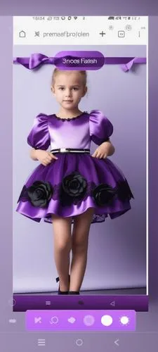 3d fashion drawing for satin dress for kids with light purple on the top and dark purple in the skirt with lace layer with black roses and white thin belt
With Long socks and black shoes ,the purple g