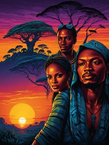 sunset at africa,the couple is watching the sunset from behind them,umoja,sankara,wakanda,afrikan,mozambicans,mozambican,Illustration,Realistic Fantasy,Realistic Fantasy 25